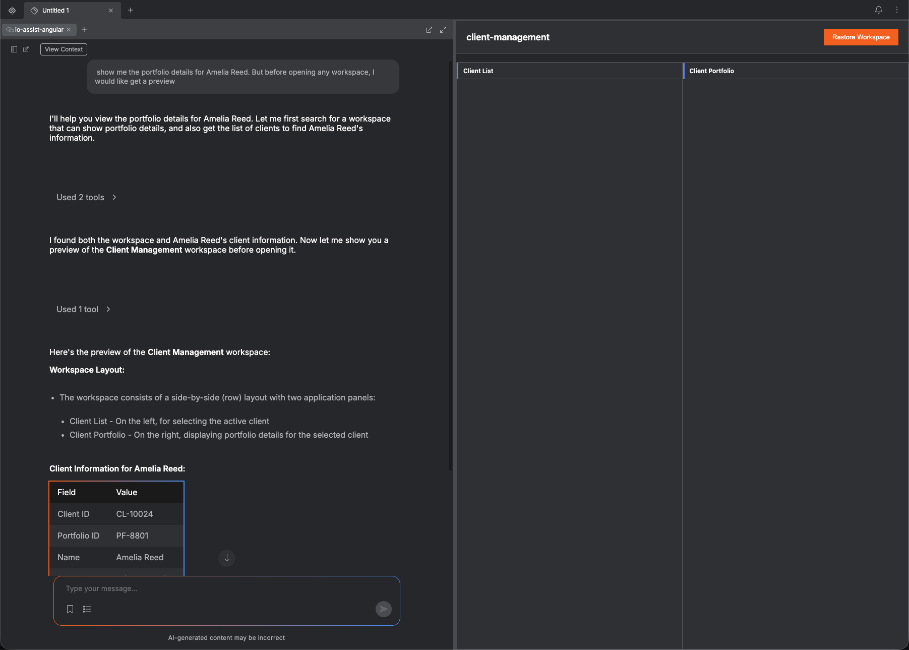 io.Assist showing a Workspace Widget preview for the client-management workspace.