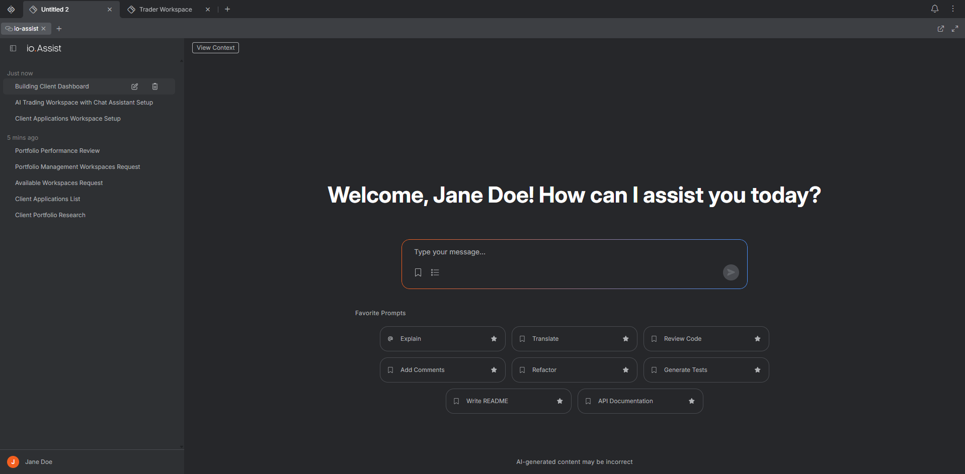 io.Assist welcome view with thread history, a large composer, and favorite prompts.