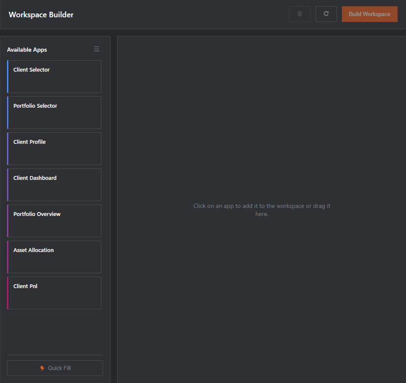 Workspace Widget builder mode with an app loaded in an aside panel.