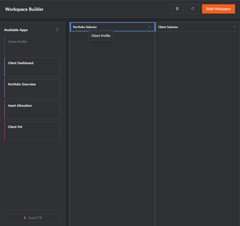 Builder mode with apps stacked into a tabbed group.