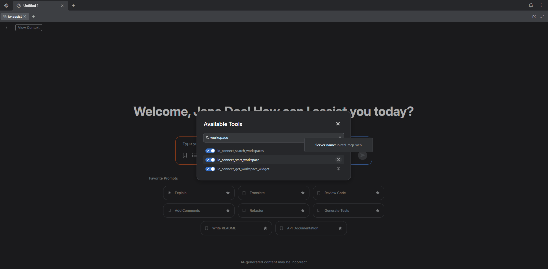 Available Tools dialog in io.Assist showing searchable MCP tools.