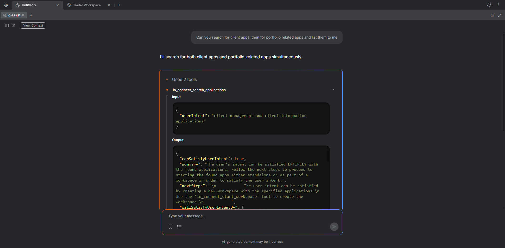 Conversation showing MCP tool calls with visible input and output payloads.