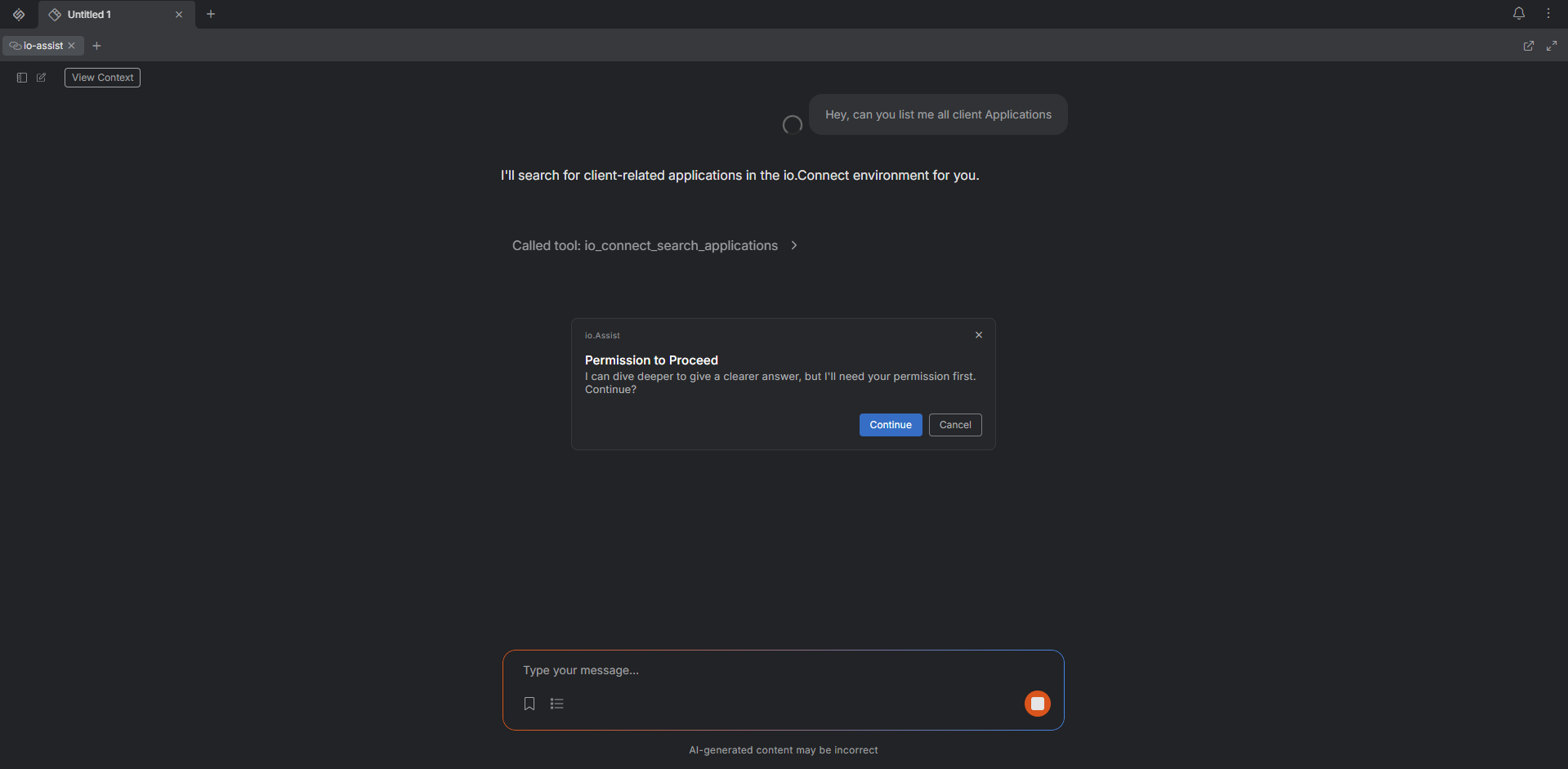 Permission dialog shown in io.Assist after a tool call requires user approval.