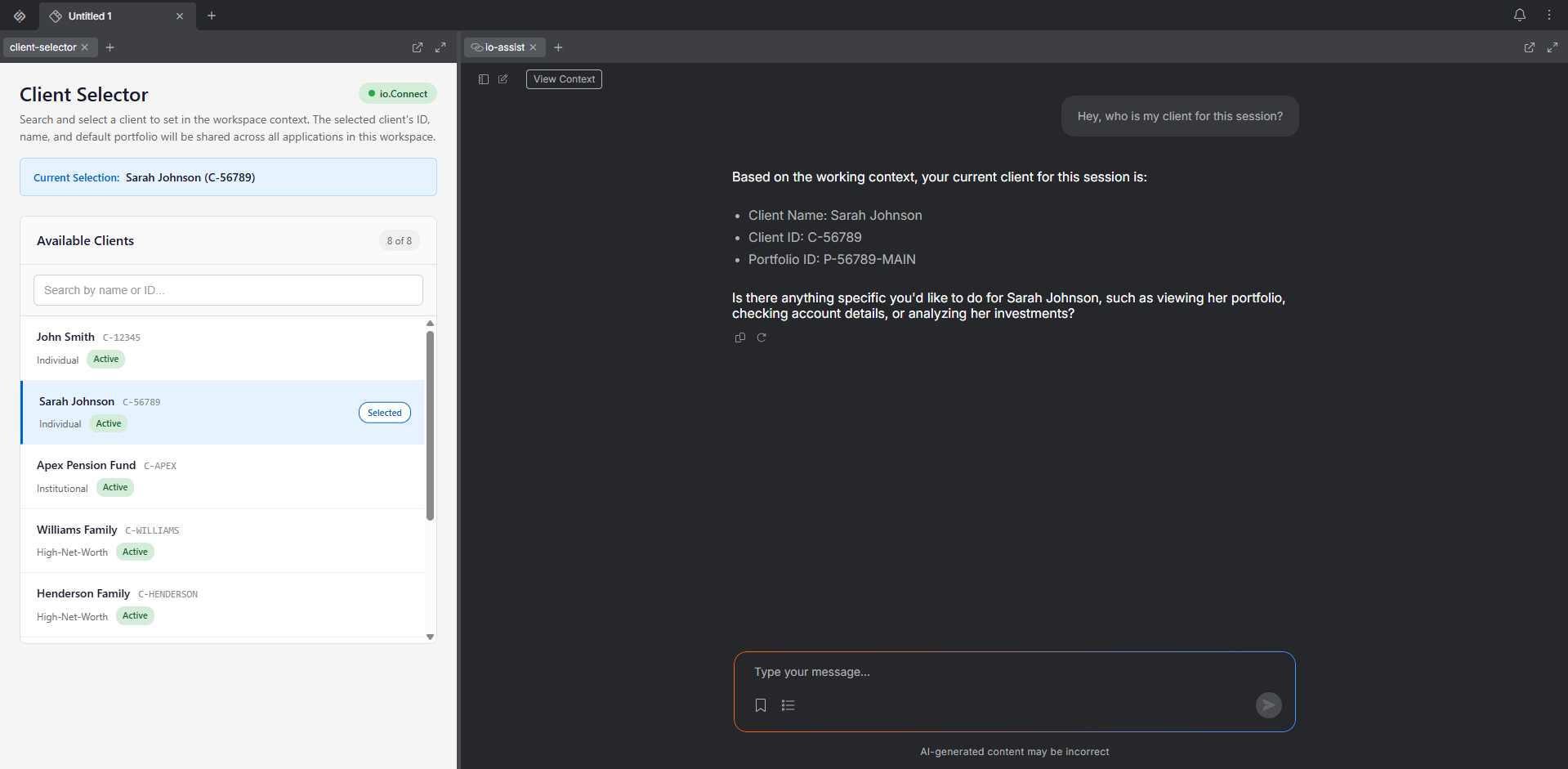 Split view with a client selector app on the left and an assistant response grounded in the selected client on the right.