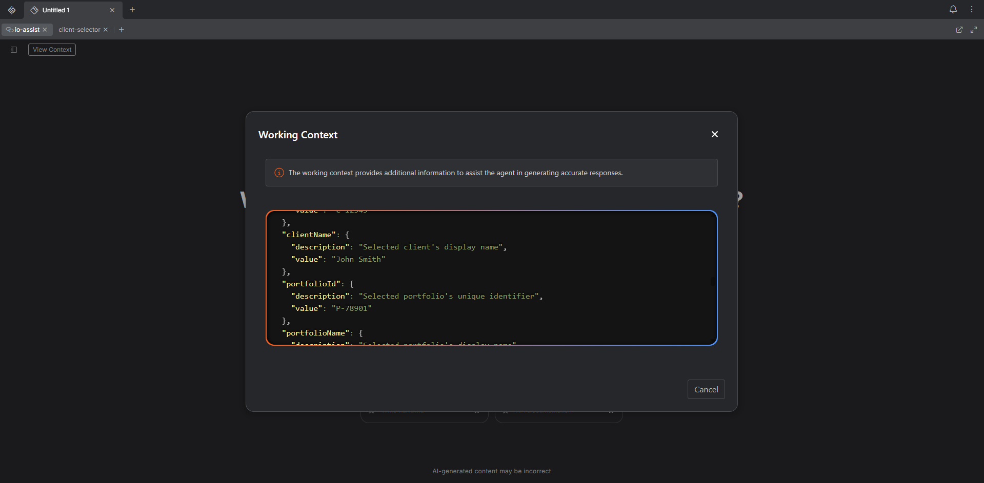 Working Context modal in io.Assist displaying structured client and portfolio fields.