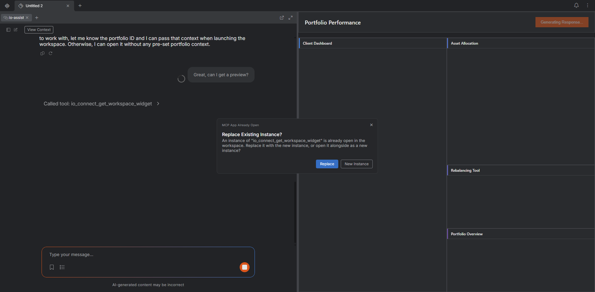 io.Assist showing a workspace preview flow alongside a dialog about replacing an existing app instance.